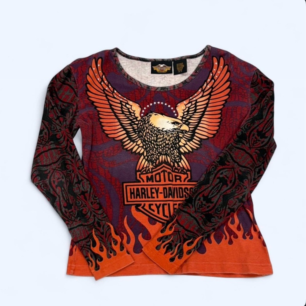 Harley-Davidson Women's Long Sleeve Eagle Graphic Tee in Orange and Maroon